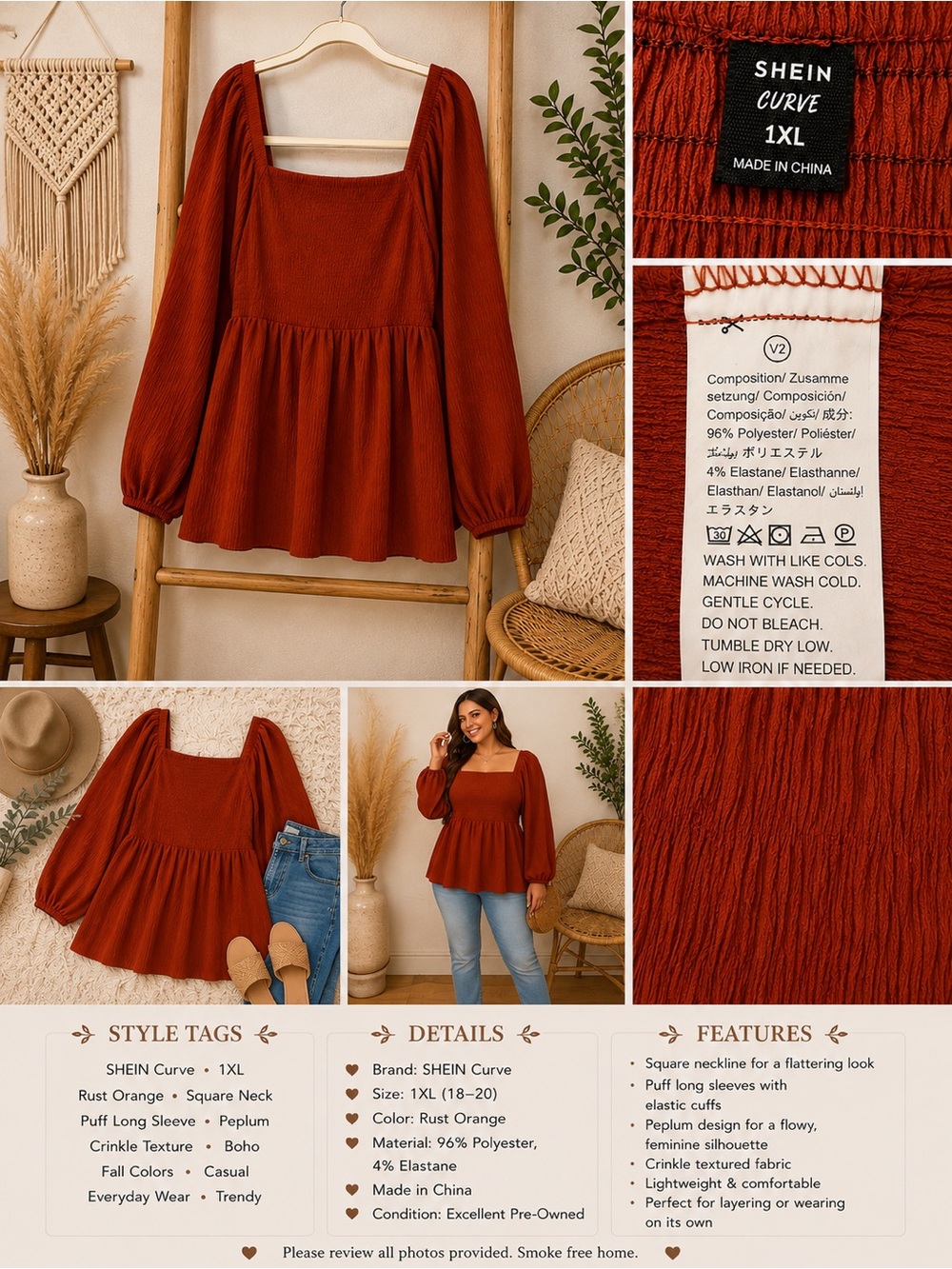 Curve Rust Orange Square Neck Puff Sleeve Peplum Tunic SHEIN 1XL